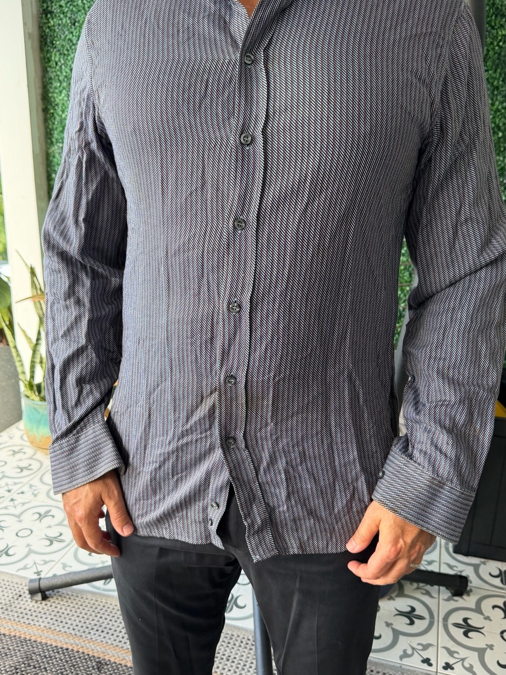 Vintage Emporio Armani Men's Gray and Black Micro-Stripe Dress Shirt